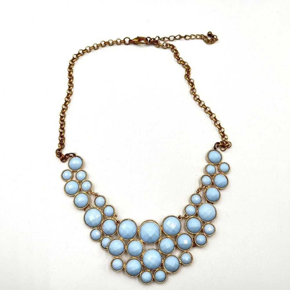 Vintage Retro Sky Blue Cabochon Bib Statement Necklace Gold Tone Geo Bubbles - Picture 3 of 13